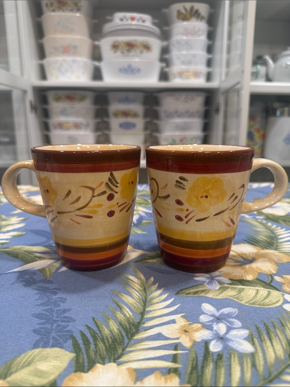 Set of 2 Yellow Floral Ceramic Mugs with Brown Trim